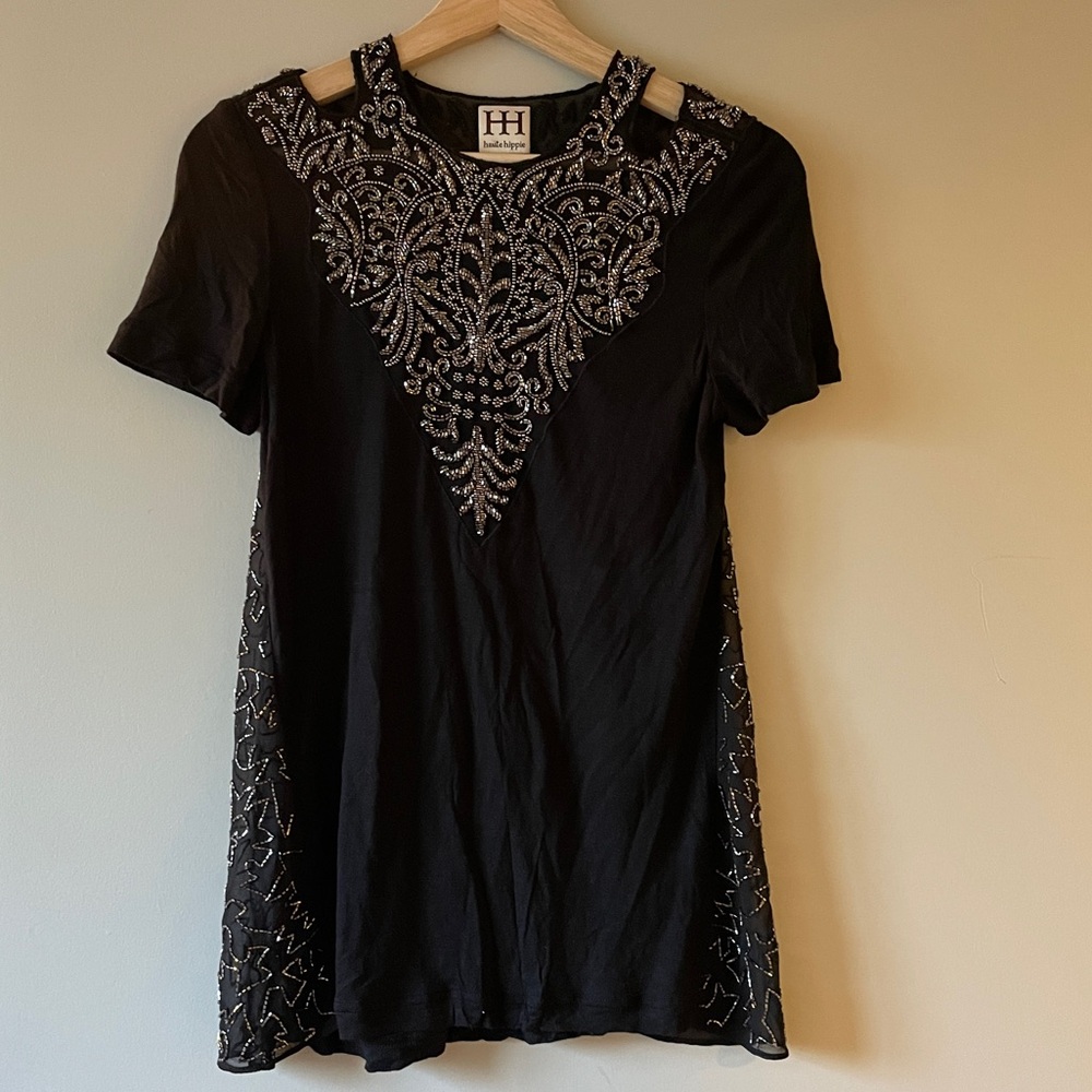 Haute Hippie Black and Silver Beaded Short Sleeve Top